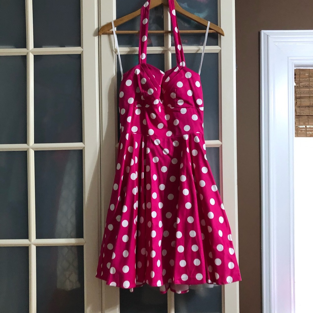 Pink and white polka dot halter dress